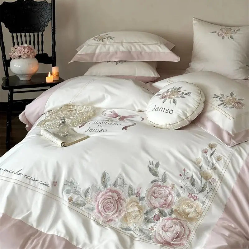 Afralia™ Peony Flowers Embroidery Princess 1000TC Egyptian Cotton Bedding Set 4Pcs