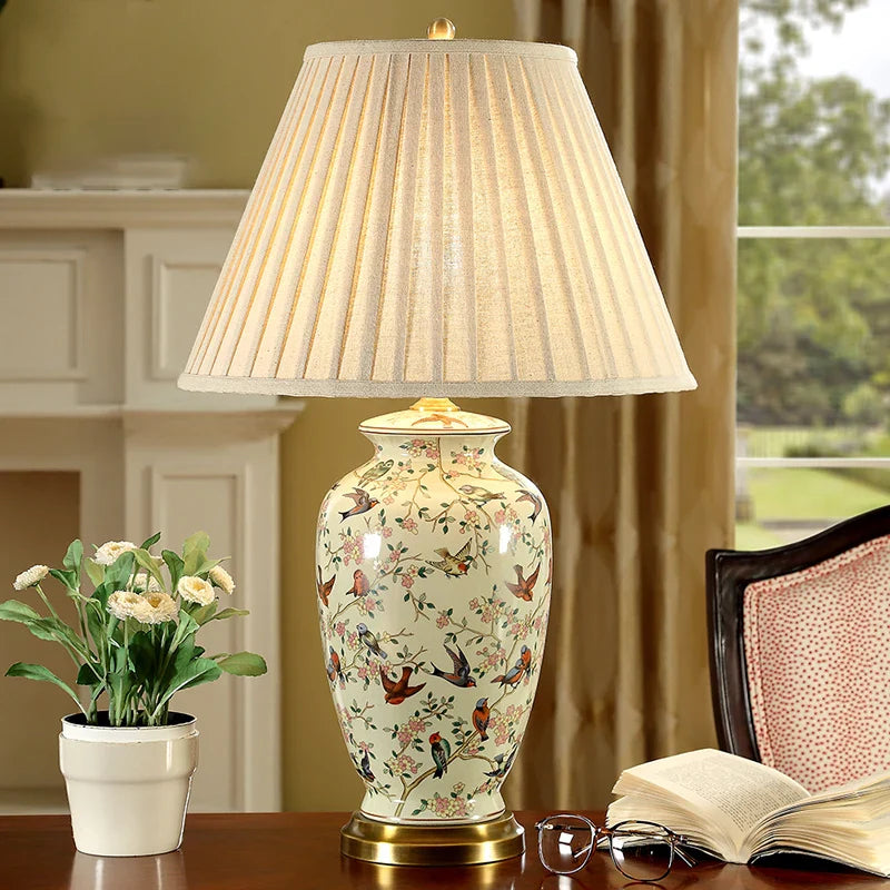 Afralia™ Ceramic Bird Flower Table Lamp | Vintage Country Bedroom Study Retro Lighting