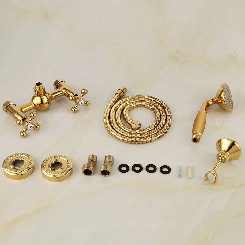 Afralia™ Classic Gold Brass Bathroom Shower Faucet Set with Wall-Mounted Dual Handle