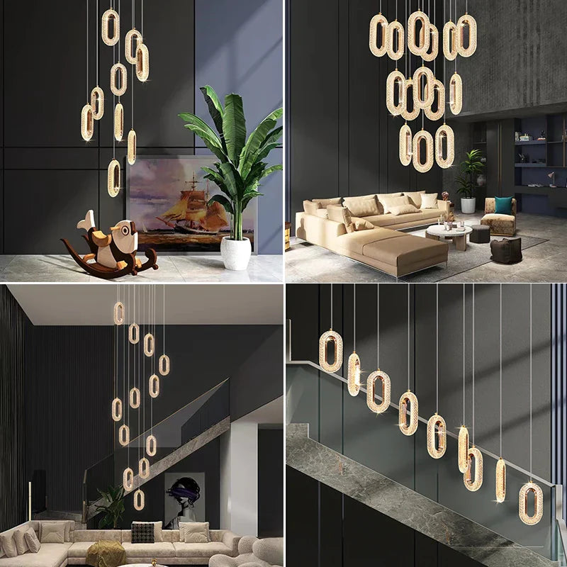 Afralia™ Gold LED Chandelier for Living Dining Stairwell Hallway, Modern Alloy+Acrylic Hanging Fixture