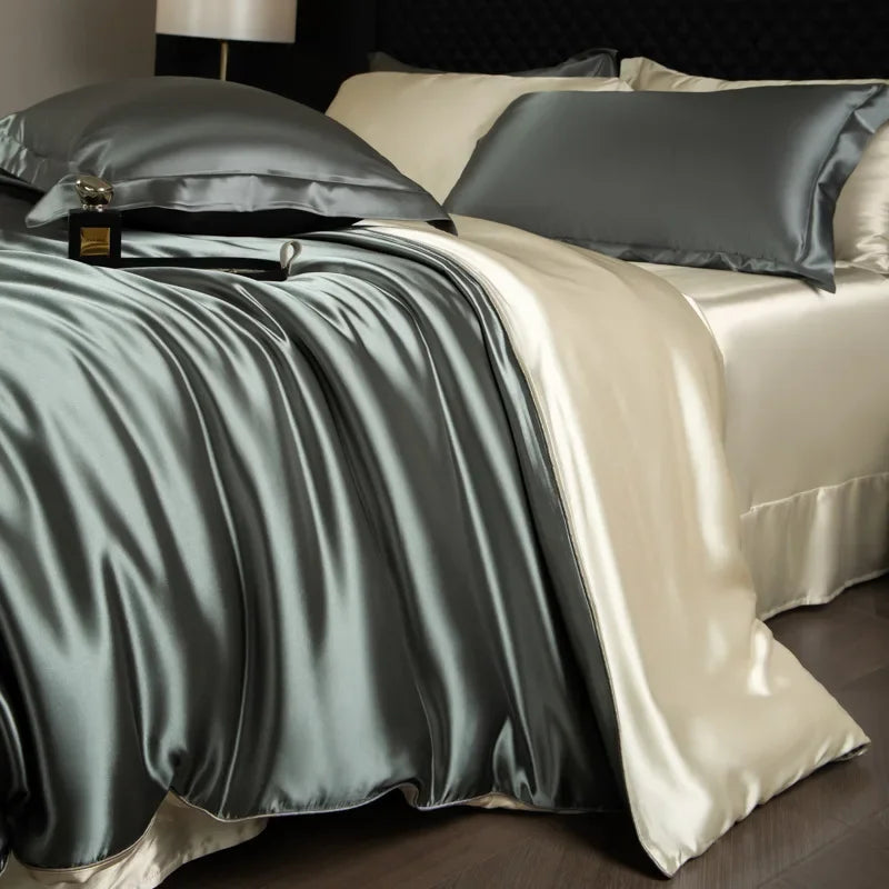 Afralia™ Mulberry Silk Queen King Duvet Cover Solid Color Silky Comforter