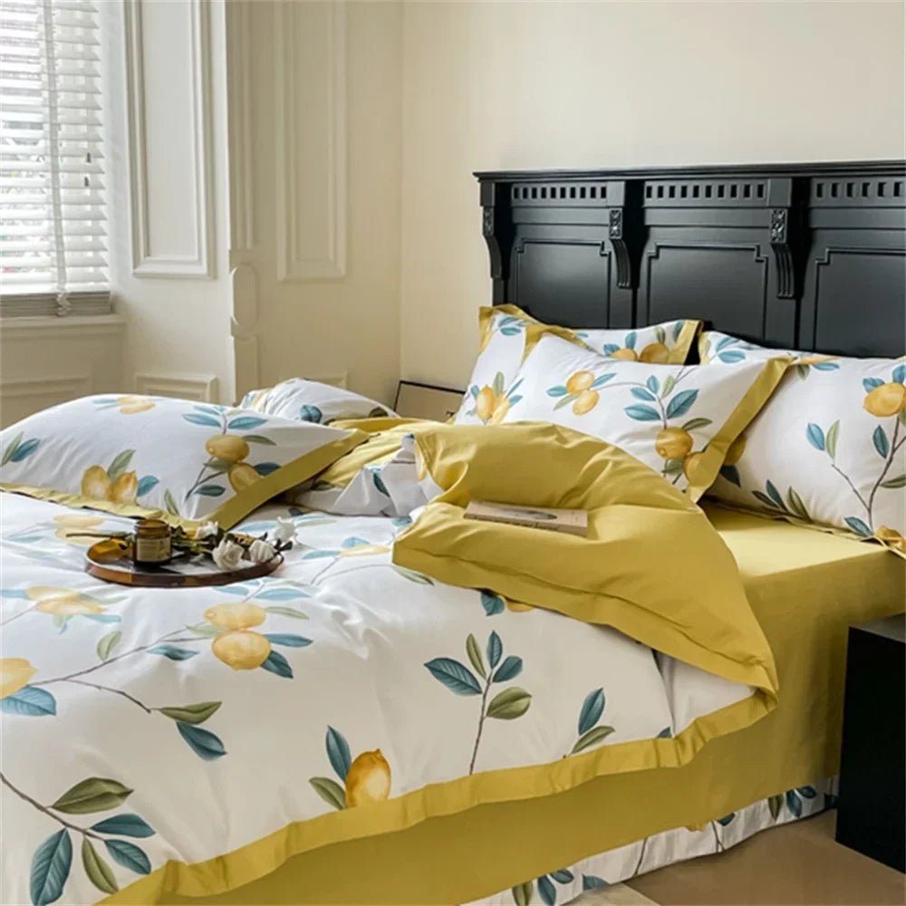 Afralia™ Yellow Lemon Fruit Satin Egyptian Cotton Duvet Cover Set - Queen King Size