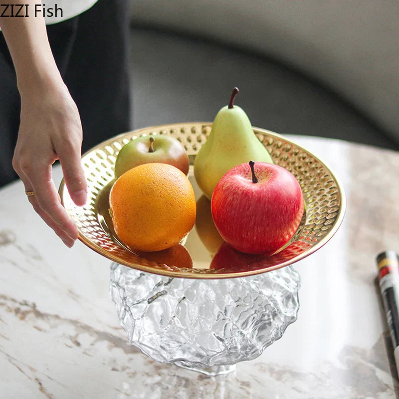 Afralia™ Glass Fruits Bowl Gold Plated Breakfast Dinner Plates Hotel Restaurant Fruit Plate
