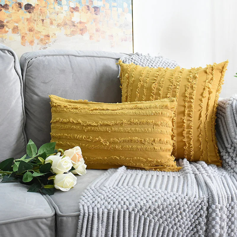 Afralia™ Mustard Yellow Linen Striped Jacquard Throw Pillow Cover Set