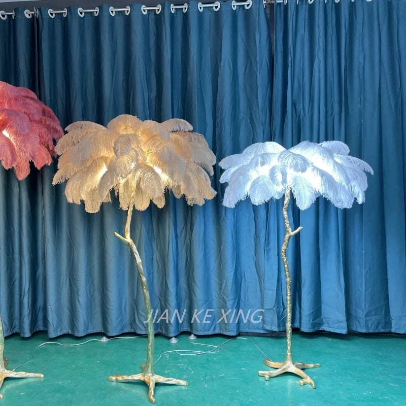 Afralia™ Princess Living Room Luxury Ostrich Feather Floor Lamp in Camel Lush LED Lighting