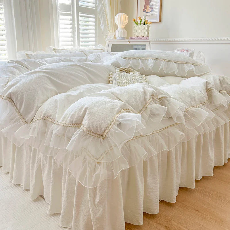 Afralia™ Seersucker Princess Bedding Set with Lace Ruffles - 4Pcs