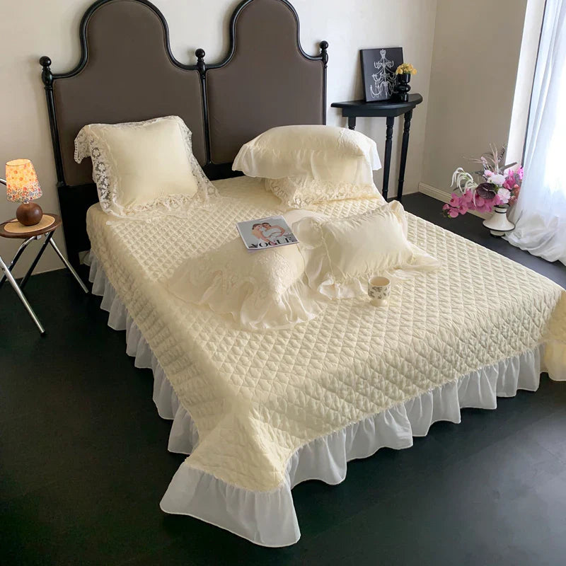 Afralia™ Pink Lace Ruffles Quilted Bedspread 250x260cm Bed Cover - Summer Quilt