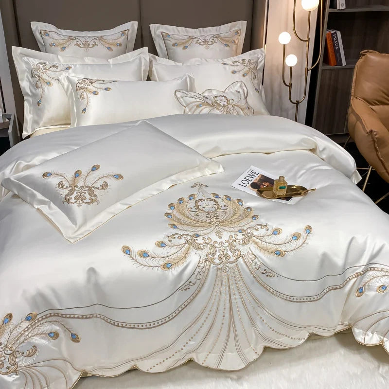 Afralia™ Gold Feather Embroidery Egyptian Cotton Patchwork Bedding Set