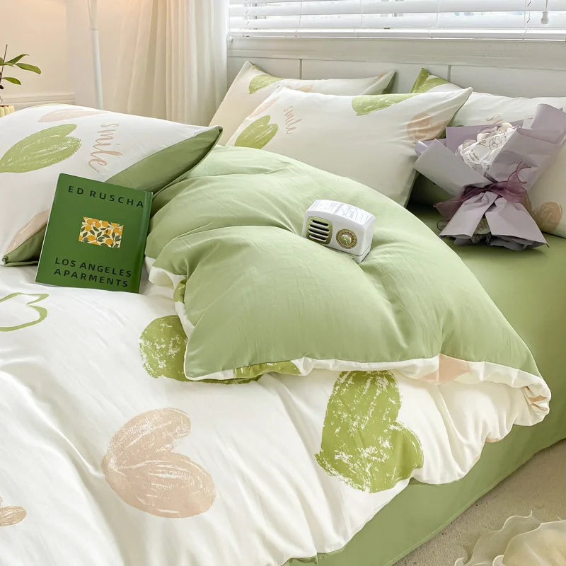 Afralia™ Cartoon Heart Floral Print Duvet Set with Bed Sheet & Pillowcases