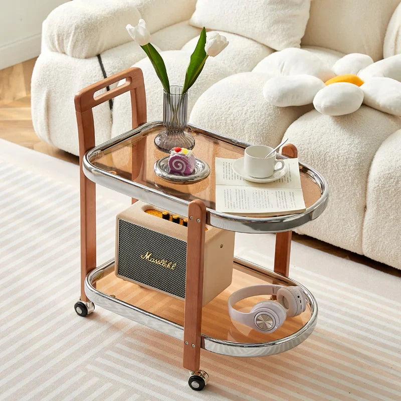 Afralia™ Nordic Wood End Table with Glass Top & Movable Trolley - Multifunctional Storage Rack