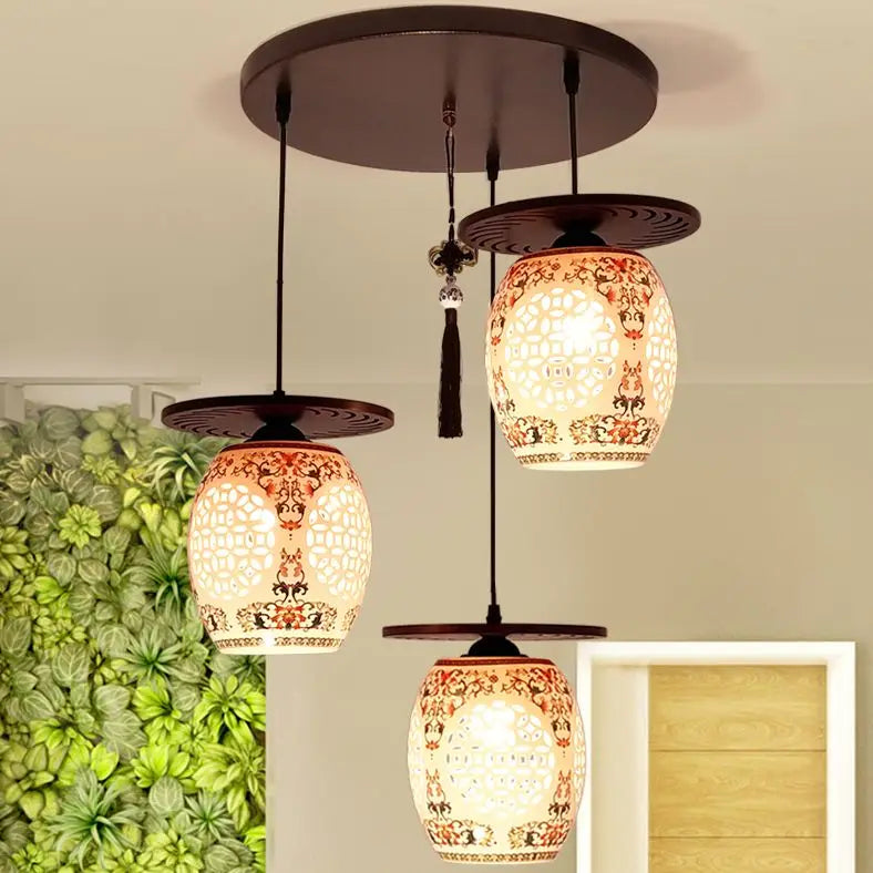 Afralia™ Three-Headed Chinese Antique Ceramic Pendant Light for Study, Dining Room, Bedroom