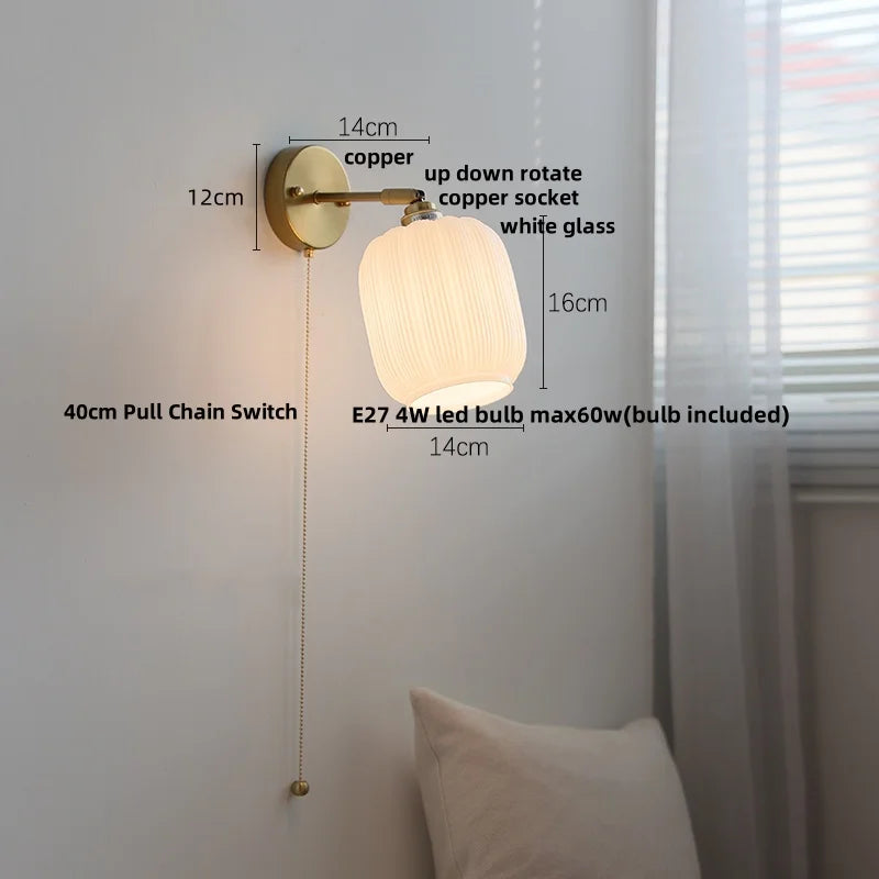 Afralia™ Rotatable Glass LED Wall Lamp with Copper Socket and Pull Chain Switch