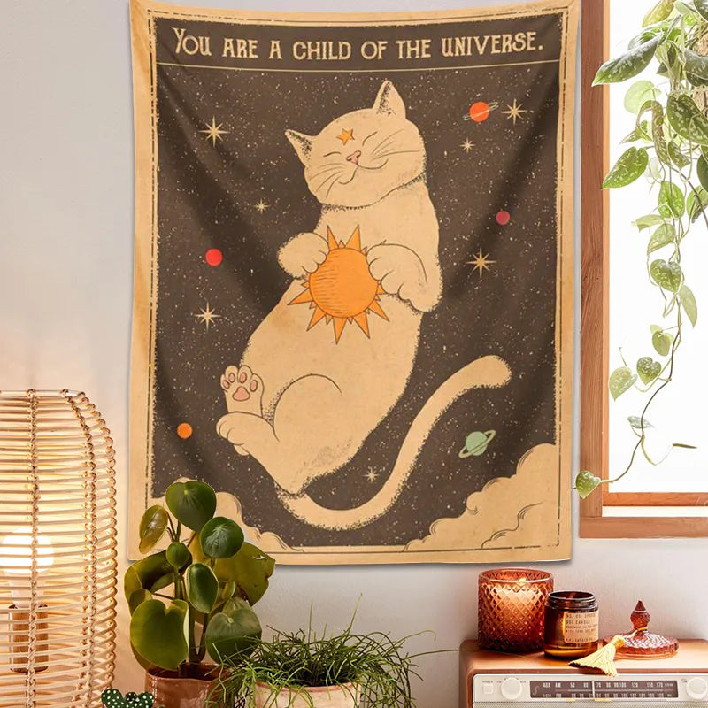 Afralia™ Sun Moon Tarot Cat Tapestry Wall Hanging for Boho Hippie Home Decor