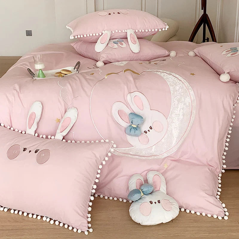 Afralia™ Cartoon Rabbit Moon Embroidery 100% Cotton Girls Bedding Set with Ball Edge