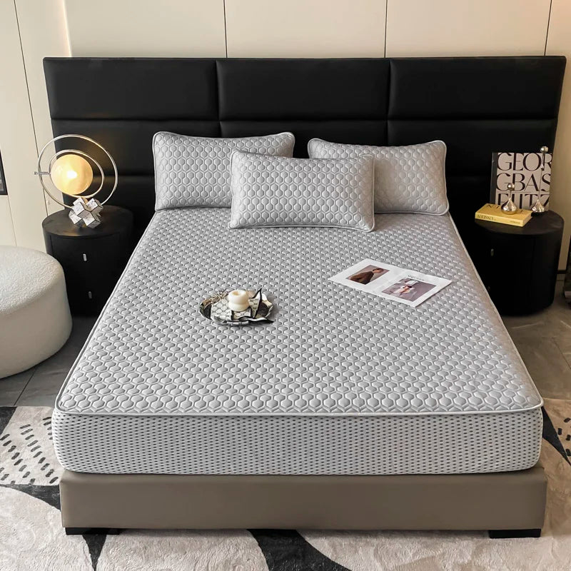 Afralia™ Queen Size Cooling Fitted Sheet Set - Soft Latex Ice Silk Mat & Pillowcase