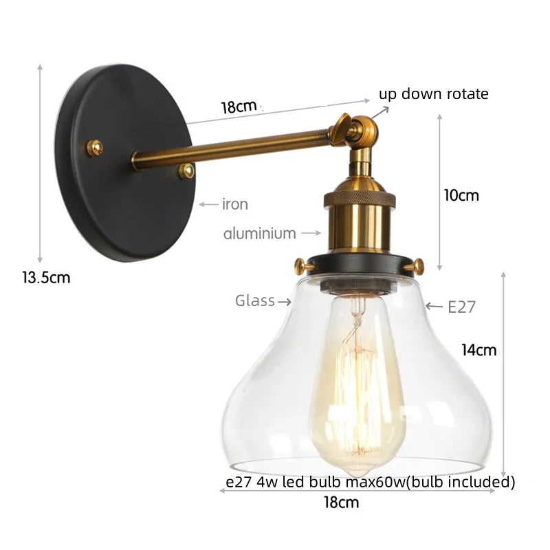 Afralia™ Industrial Vintage Silver Glass Wall Lamp for Bedroom Kitchen Balcony Bedside