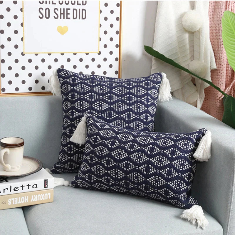 Afralia™ Navy Weave Crochet Tassel Cushion Cover: Decorative Sofa Pillow Cases