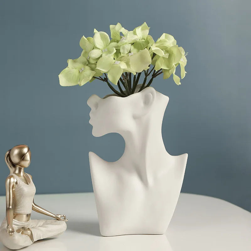 Afralia™ Nordic White Character Vase Bust Home Office Decor Statue Flower Head Pot