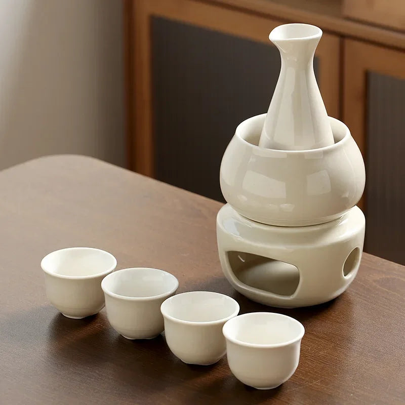 Afralia™ Sake Set: 7-Piece Ceramic Wine Kit with Carafe, Cups, Warmer, and Candle Warmer