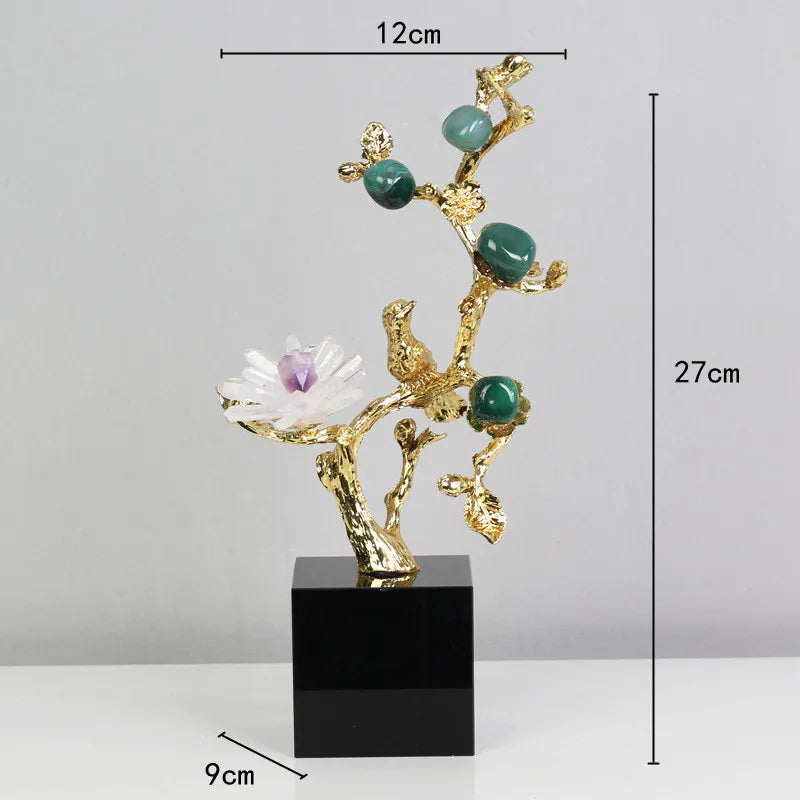 Afralia™ Golden Tree Crystal Flower Brass Amethyst Decor with Golden Bird Figurines