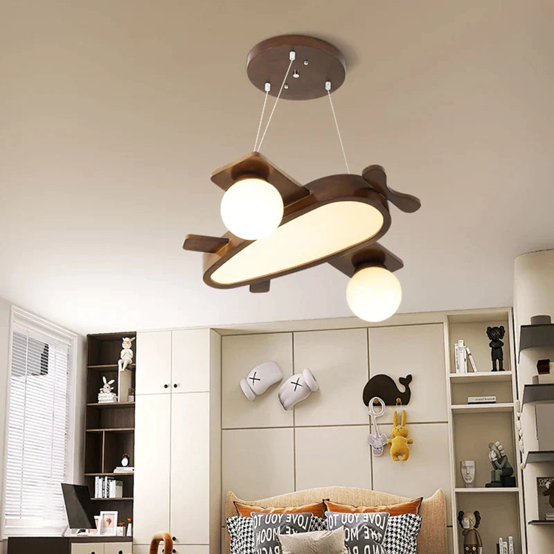 Afralia™ Wooden Airplane LED Pendant Light for Kids' Room - Walnut Color 32W