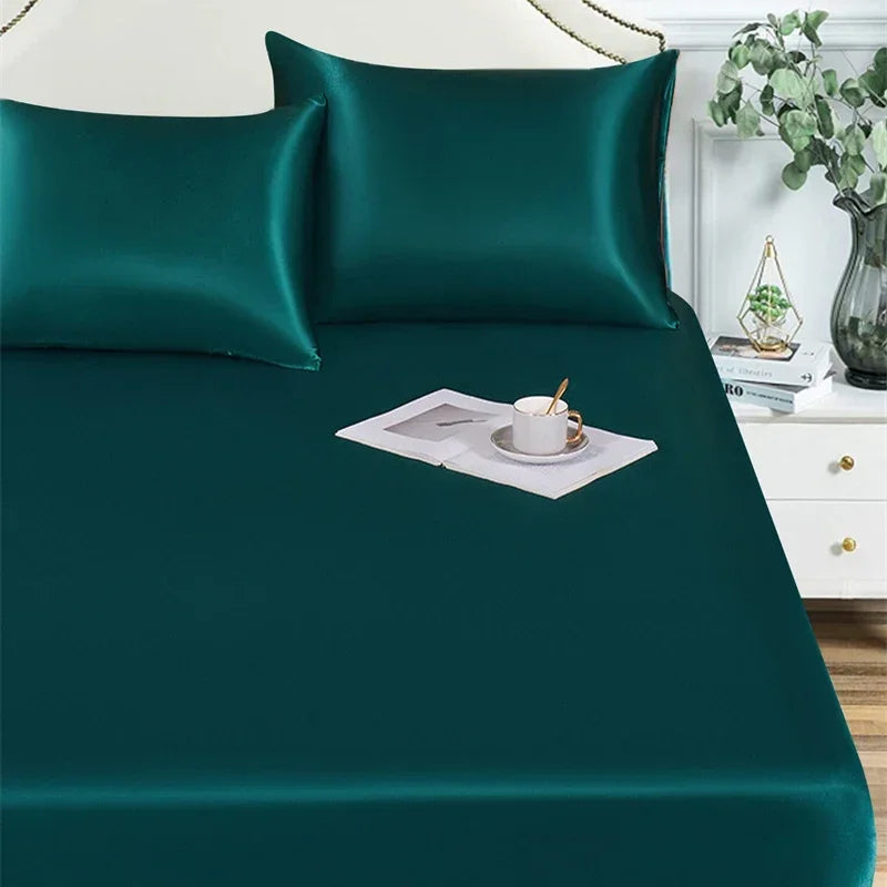 Satin Silky Fitted Sheet with Elastic Band by Afralia™ in Queen/King Size