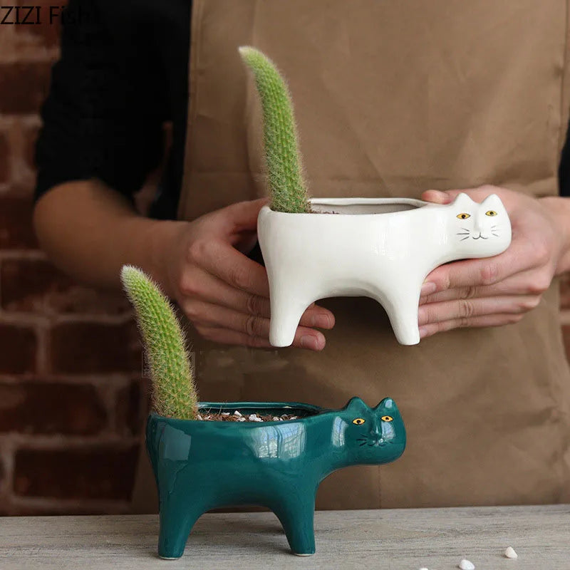 Afralia™ Ceramic Cat Flower Pots Vase Plant Pots Kitten Floral Vases
