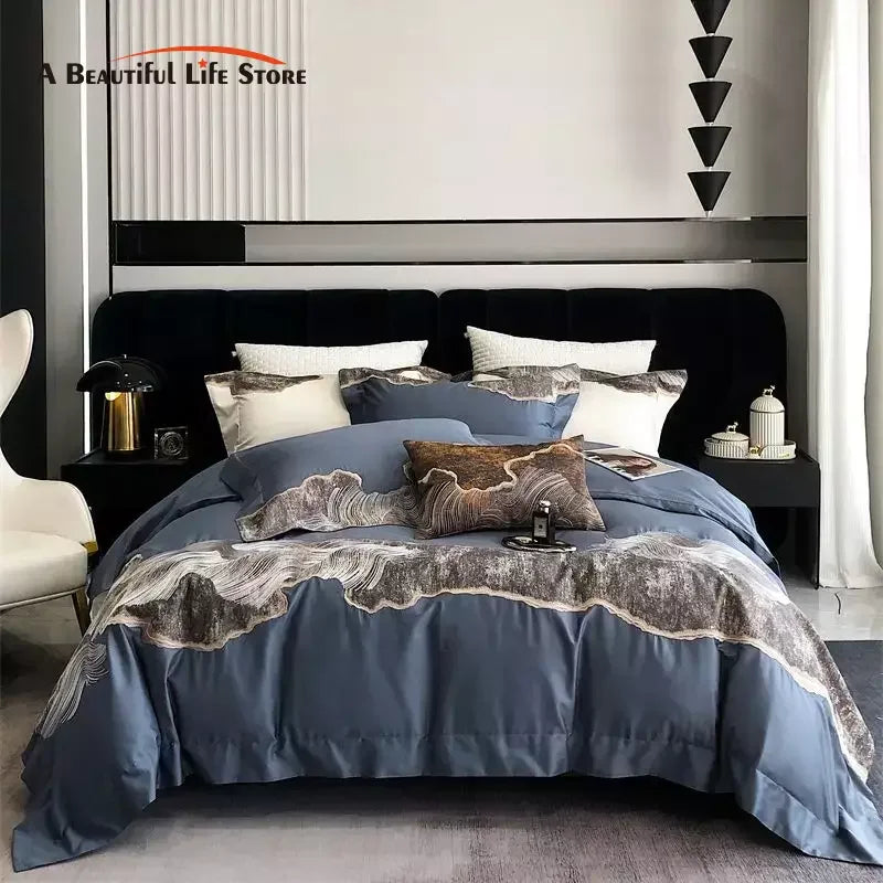 Afralia™ Luxury Egyptian Cotton Bedding Set in Blue/Grey, 1200TC, Embroidered Modern Art