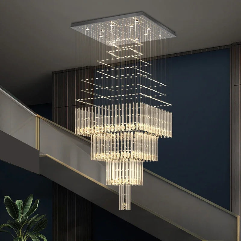 Afralia™ Crystal Ceiling Chandelier: Modern Columnar Square Base Hanging Lamp for Living Room & Staircase