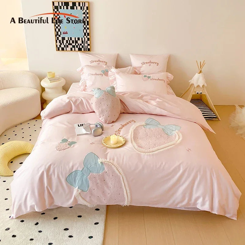 Afralia™ Pink Strawberry Embroidery Girl Bedding Set 1000TC Egyptian Cotton