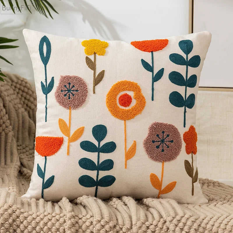 Afralia™ Floral Embroidery Pillow Cover Sunflower Dandelion Soft Canvas Decoration