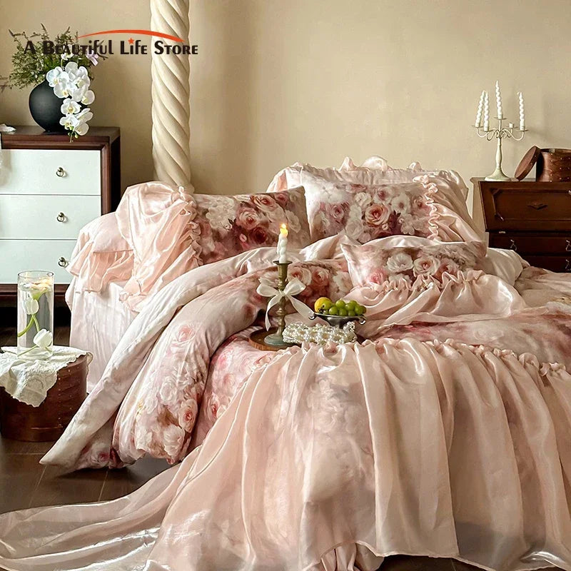 Afralia™ Vintage Rose Organza Lace Ruffles Bedding Set with Soft Lyocell Cotton Duvet Cover