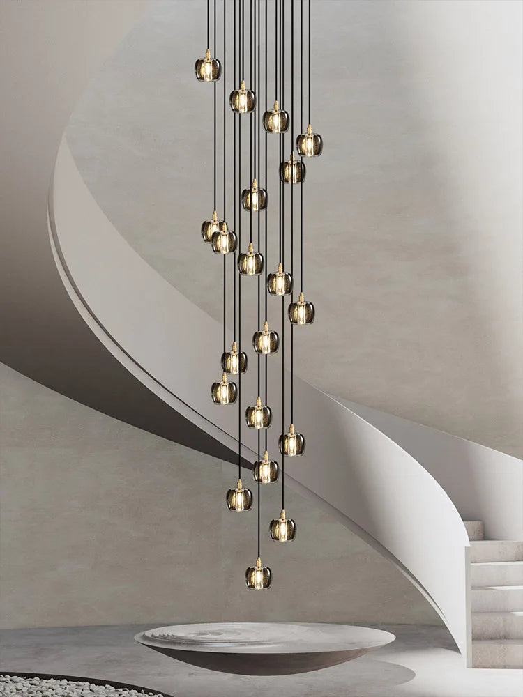 Afralia™ Black & Gold Crystal Chandelier LED Pendant Light Fixture Loft Staircase Lighting