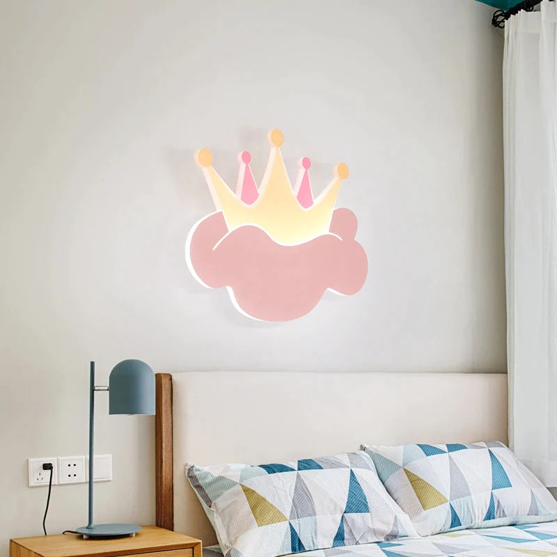 Afralia™ Pink Crown Wall Light for Bedroom Nursery Kids Children's Room Girl Wall Lamp