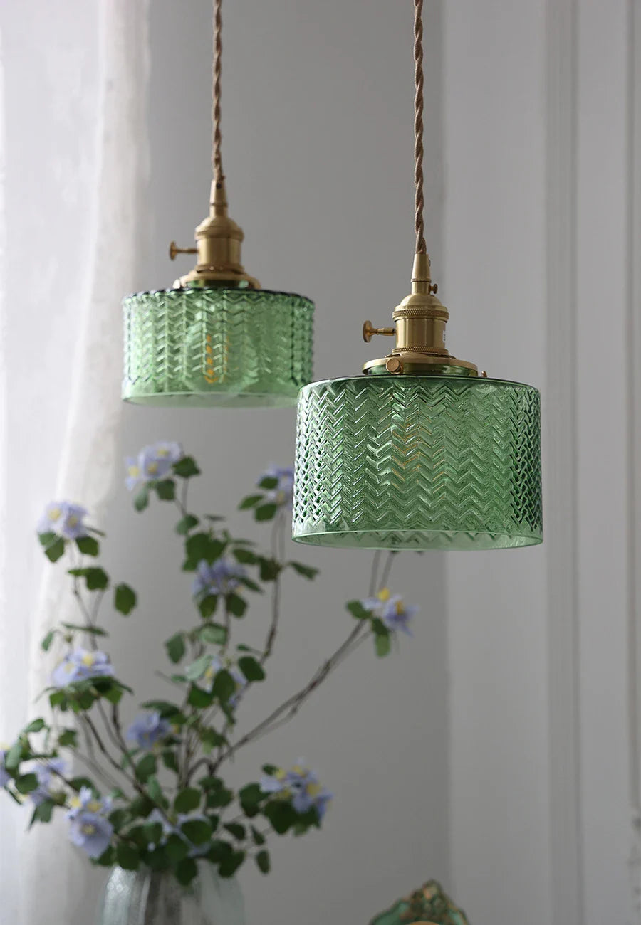 Afralia™ Glass Shade Chandelier Ceiling Lamp for Bedroom Dining Room Green Vintage LED