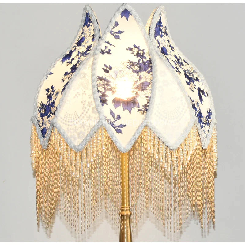 Afralia™ Blue & White Porcelain Floral Lampshade with Pearl Tassel