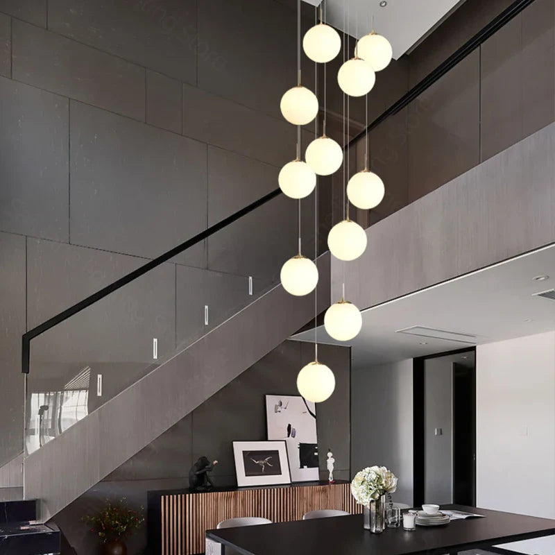 Afralia™ Cream Glass Ball Chandelier for Duplex Villa Penthouse, Restaurant and Staircase