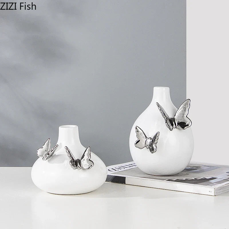 Afralia™ Silver Butterfly Ceramic Vase for Desk Decoration and Floral Arrangement