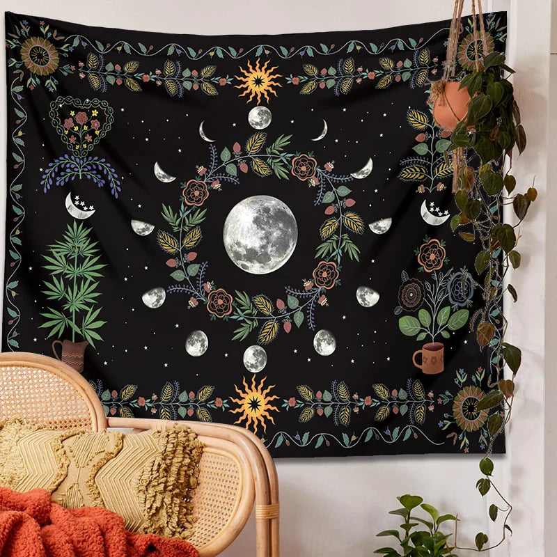 Afralia™ Celestial Moon Phase Floral Tapestry Wall Hanging