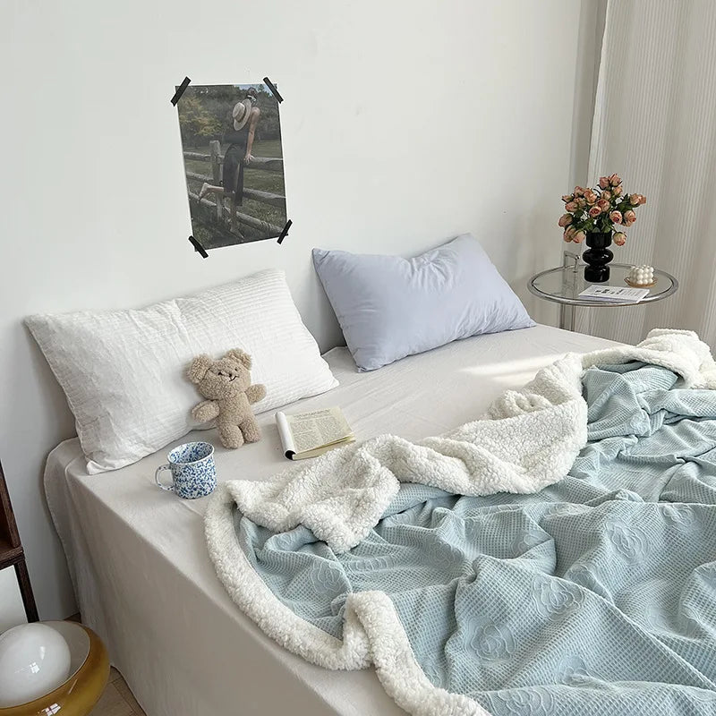 Afralia™ Camellia Jacquard Lamb Wool Blanket - Double-Layer Cozy Quilt