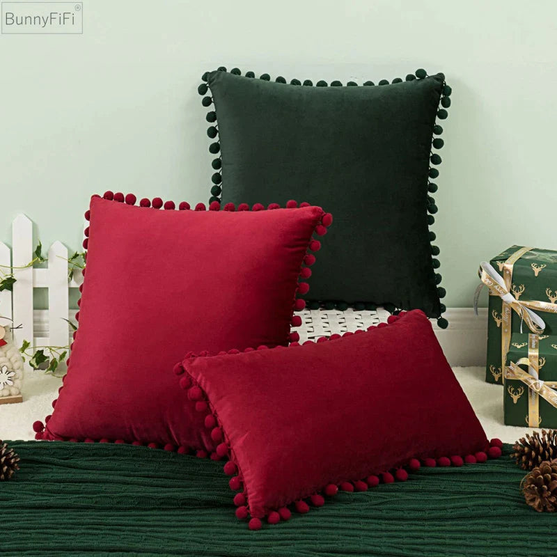 Afralia™ Pompom Ball Cushion Covers - Christmas Decoration - Soft Velvet - Living Room - Bed Room - Sofa