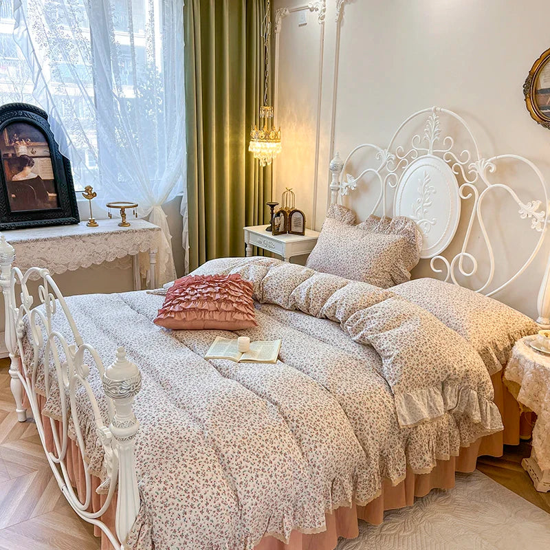 Afralia™ Double Layer Lace Ruffles Floral Bedding Set with Duvet Cover, Bed Skirt, Pillows