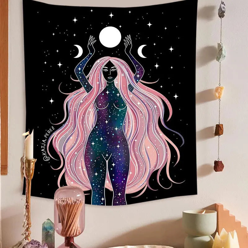 Moon Phase Rainbow Girl Tapestry for Afralia™ Home Decor