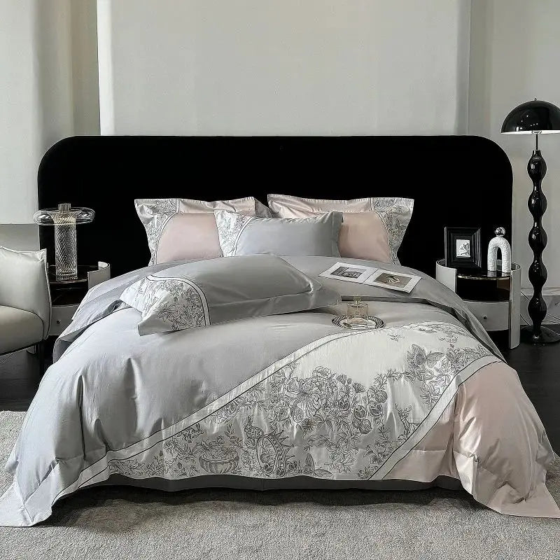 Afralia™ Luxe Butterfly Flowers Embroidery Bedding Set with Duvet Cover Sheet Pillowcases 4Pcs