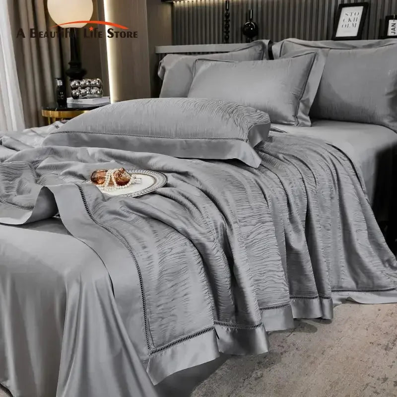 Afralia™ Eucalyptus Fiber Jacquard Summer Quilt Set with Soft Silky Comforter, Sheet, Pillowcases