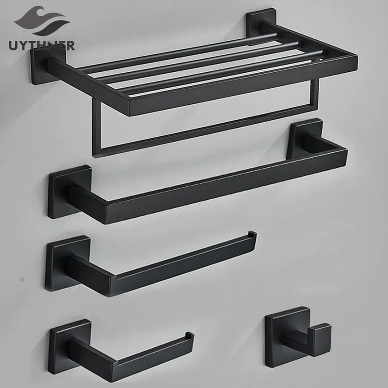 Afralia™ Black Bathroom Accessories Set: Robe Hook, Towel Rail, Shelf, Tissue Holder