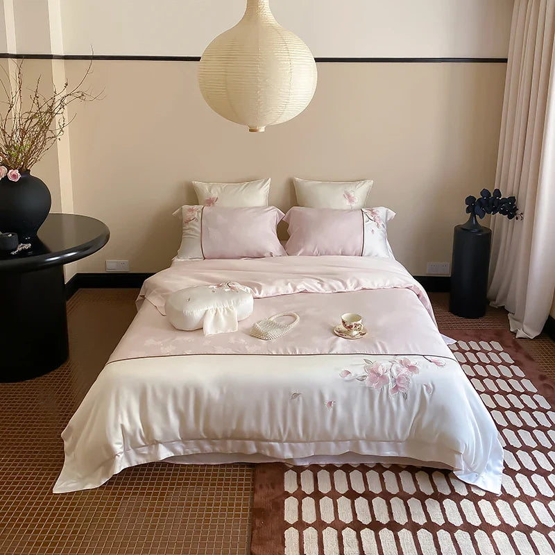 Afralia™ Chinese Floral Embroidery Lyocell Cotton Bedding Set with Silky Softness