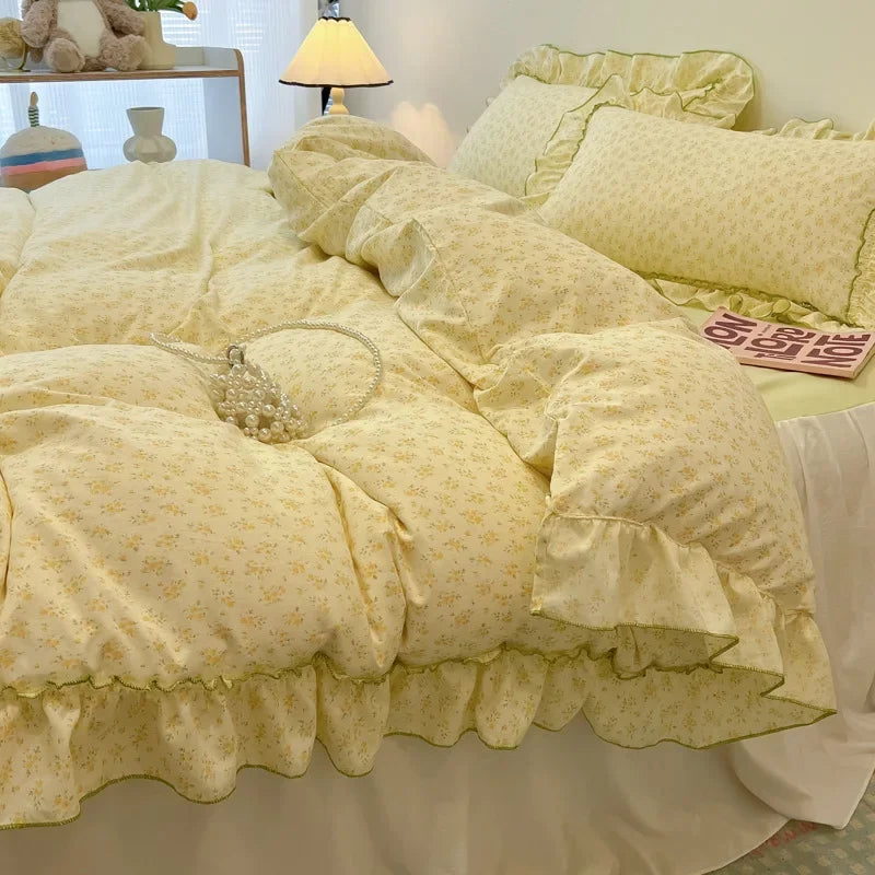 Afralia™ Lace Bedding Set: Printed Design, Single Queen Size, Cozy Quilt Cover, Fitted Sheet, 2 Pillowcases