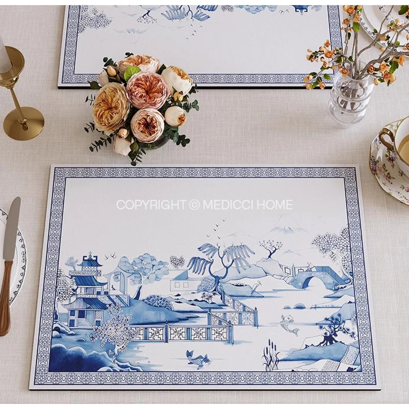 Afralia™ Chinoiserie Bird Branches Placemat Set - Blue & White Porcelain Waterproof PU Fabric