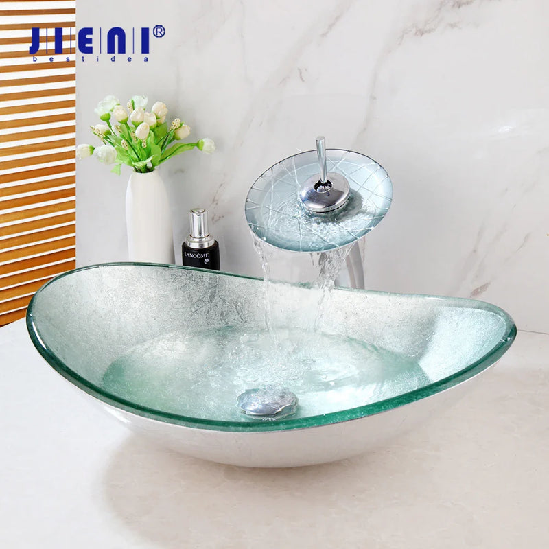 Afralia™ Silver Hand-Paint Art Glass Basin Sink Faucet Set for Bath Vanity